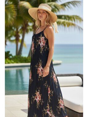 Bishop + Young Womens Small Maxi Dress Blue Floral Pleated Adjustable Straps